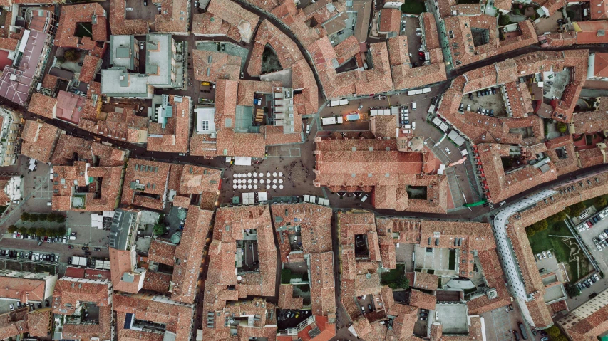 a view from above of an urban area with brick buildings