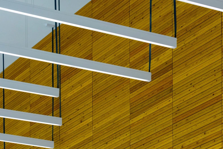 several rows of rectangular lights hanging above a wooden wall