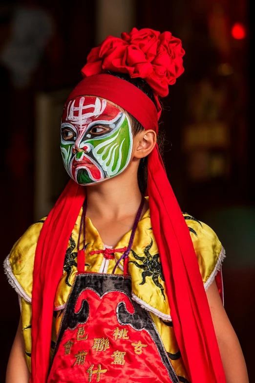 an elaborate mask is the main focus in a costume