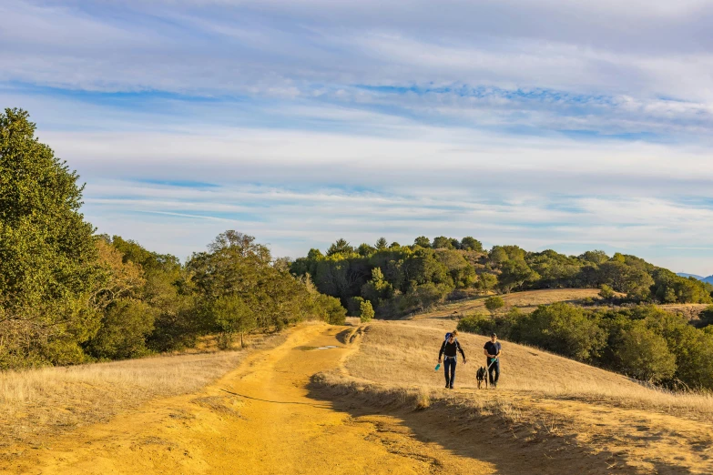 a couple of people walking up a dirt path