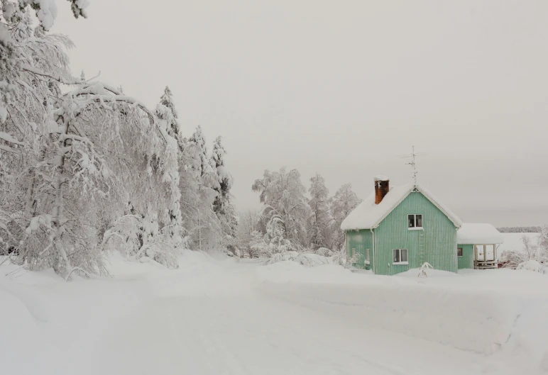 a blue house stands in the middle of a large snowy landscape