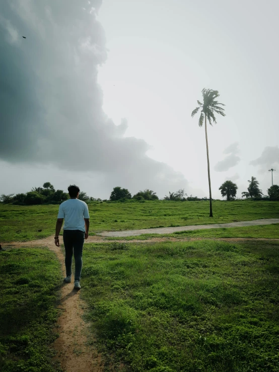 a man walks up a path in a grassy field