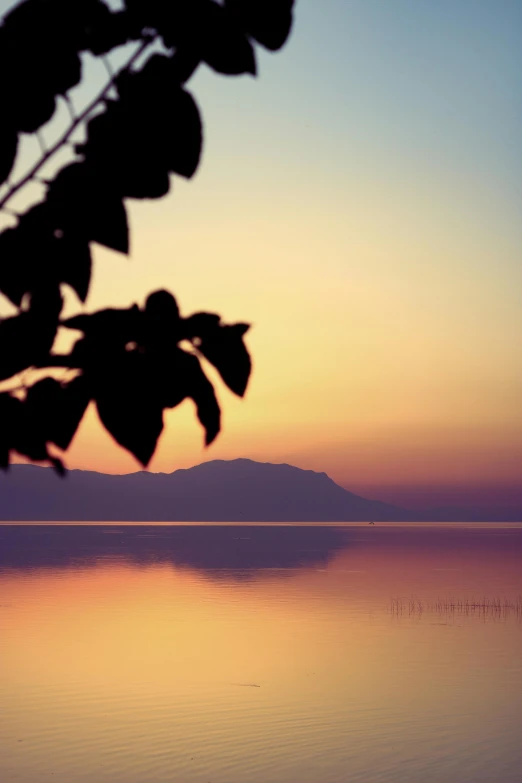 a hazy day on the lake is reflecting the blue sky