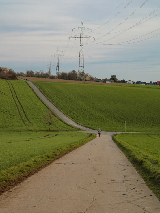 two people on bicycles on a path between green fields