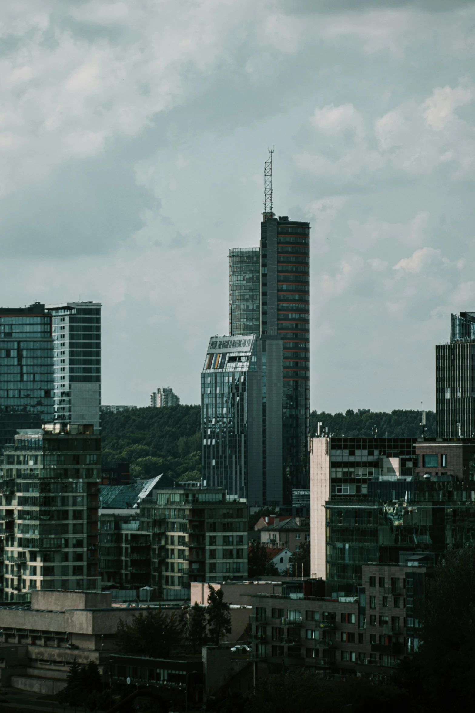 tall buildings line the skyline on a cloudy day