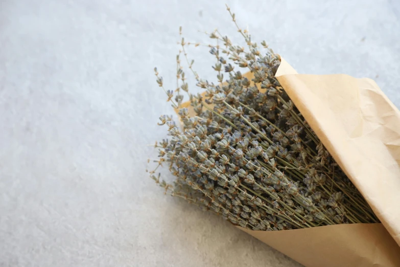 a bunch of lavender on a paper bag