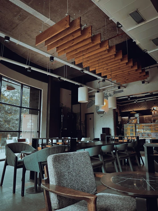 a view of a very fancy restaurant with large windows