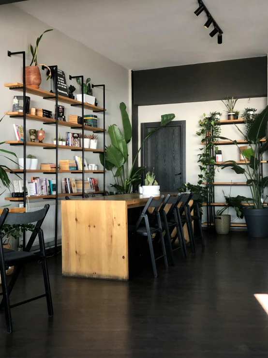 a dining area with tables and plants, two shelves filled with books