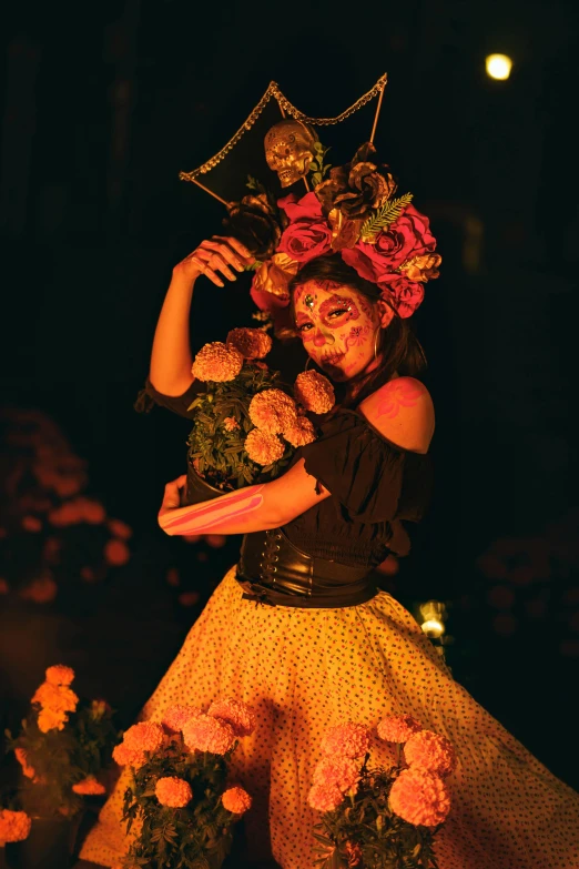 a woman dressed in costume with flowers on her head