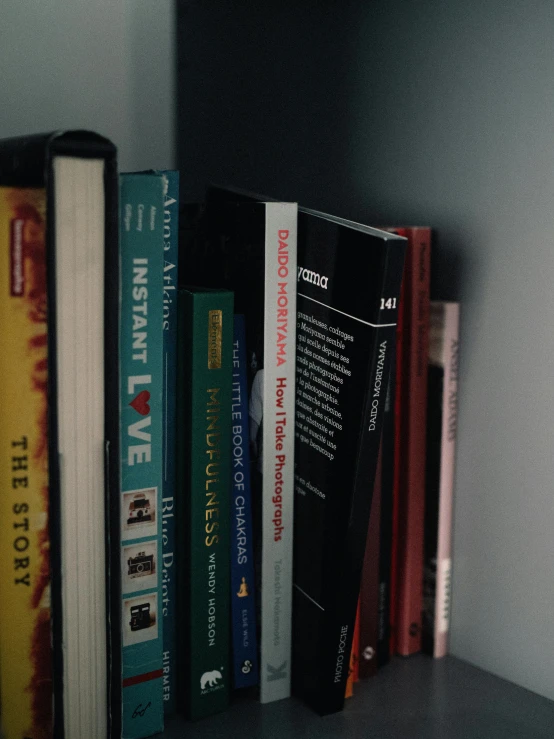 books and some text sit on a shelf