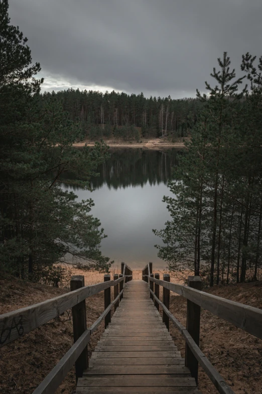 a wooden walkway leads to the lake under the cloudy sky