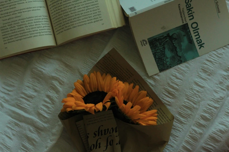 two flower heads with a book beside them on a white bed