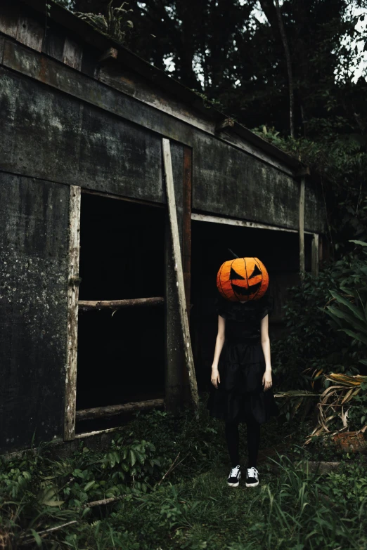 a person dressed in black and orange with a pumpkin hat standing by the windows