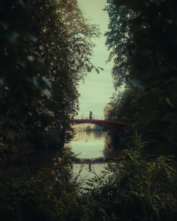 a po of some water with trees and a red bridge