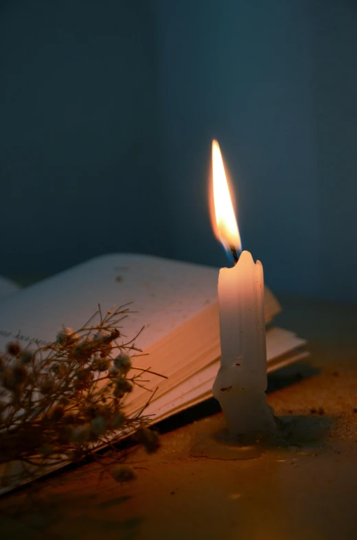 a white book with a single candle in it