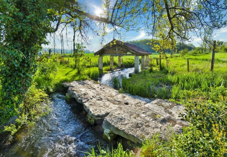 the bridge is made out of stones and a grass covered area