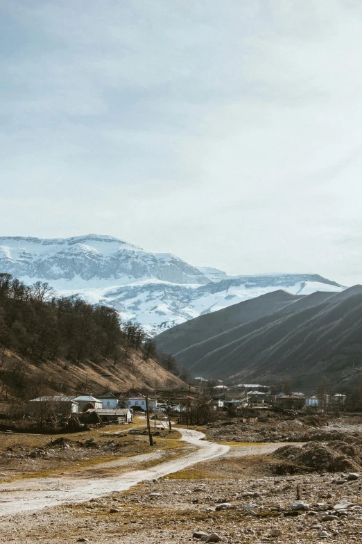 the snow covered mountains surround a small village