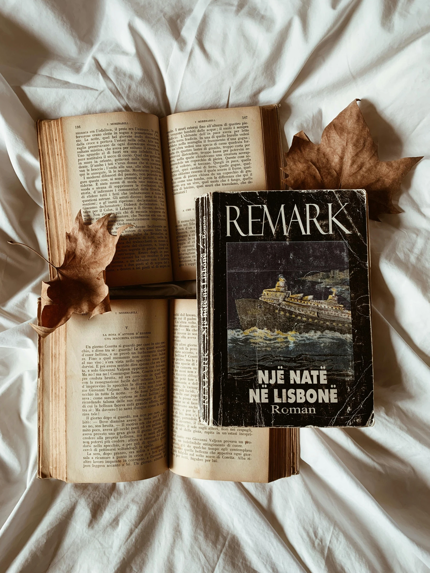 three open book on a white sheet with leaves