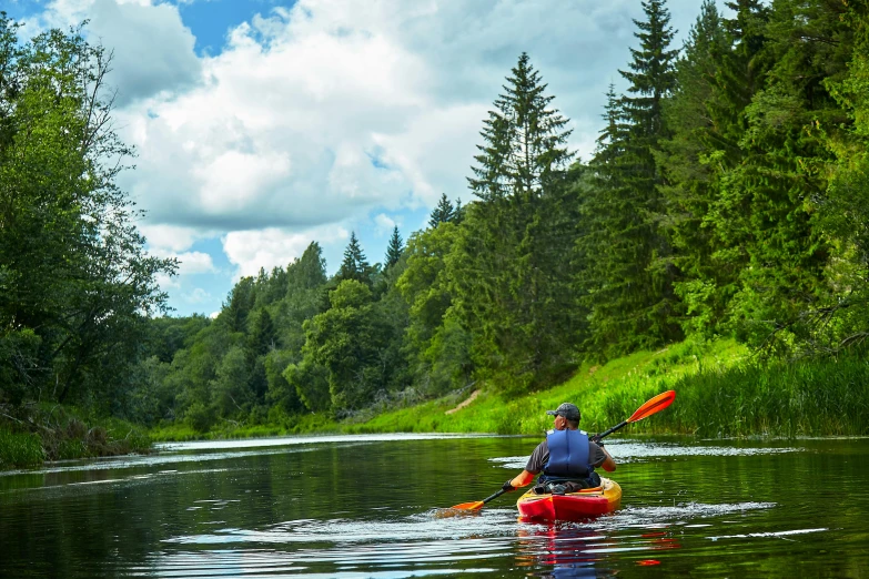 the person is paddle boarding on a lake