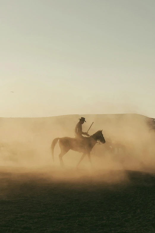 cowboy on horseback riding through a large open field