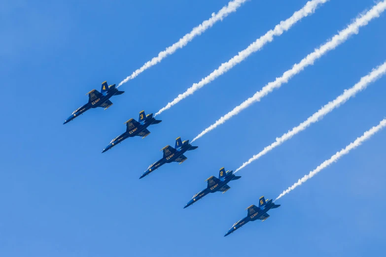 a group of fighter jets flying through a blue sky