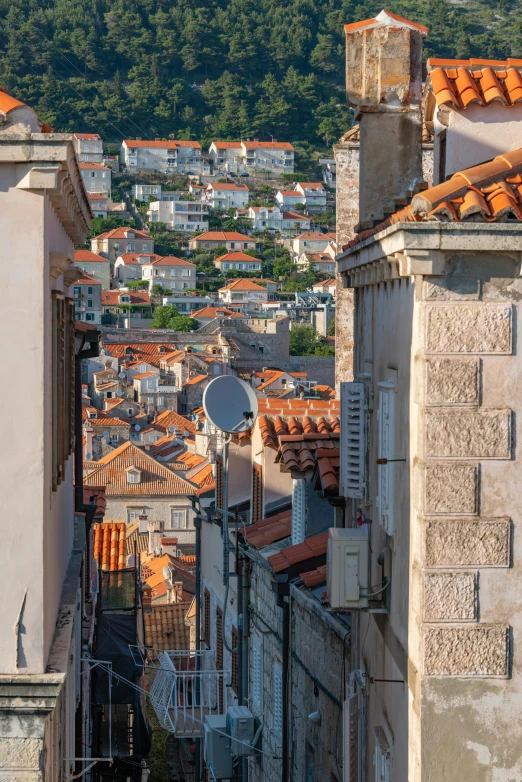 the view down a city street looking at buildings