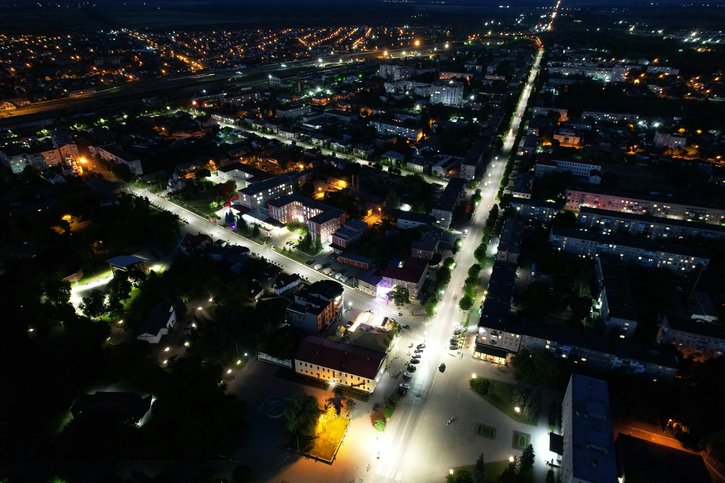 an aerial po of a city at night