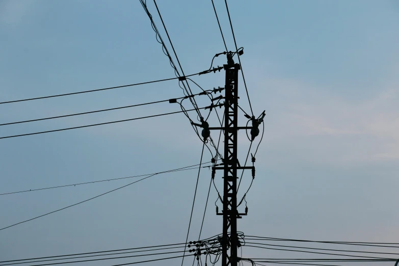 many power poles in front of a blue sky