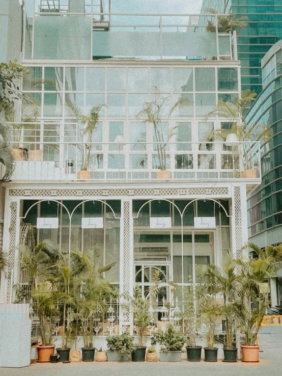 a large building with some plants in front