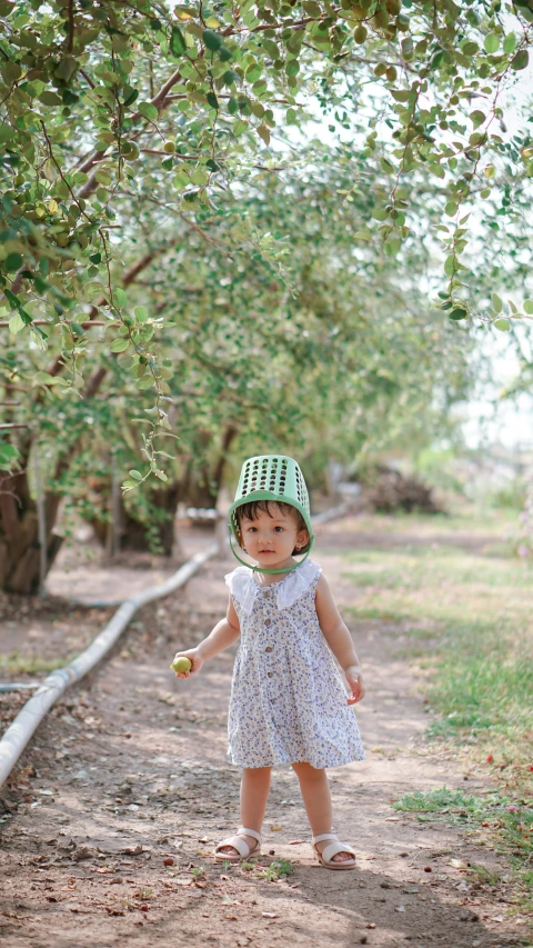 a  in a hat is holding a green apple