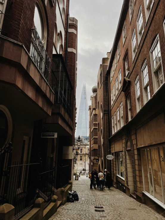 two horses standing near the front of an alley in a city