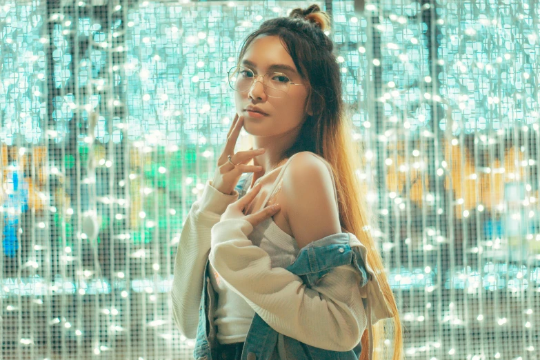 a young lady is smoking a cigarette with an artistic backdrop