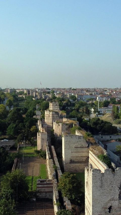 the view of a city from top of a wall