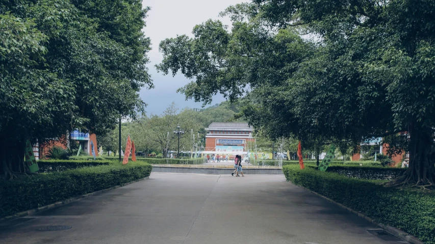 a large park with trees in front and a person walking by it