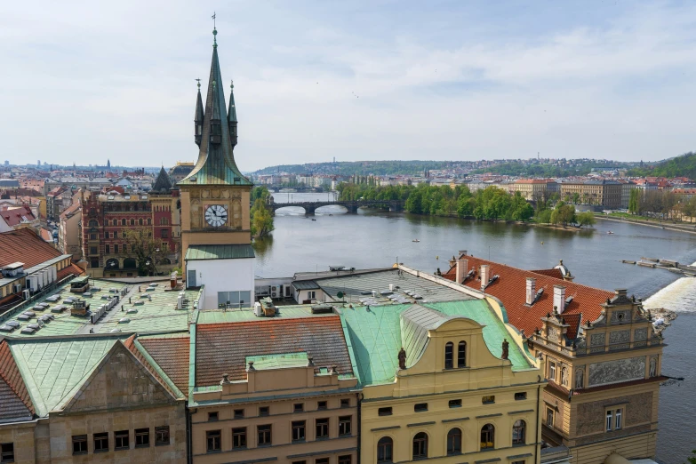 the view of a river and some buildings