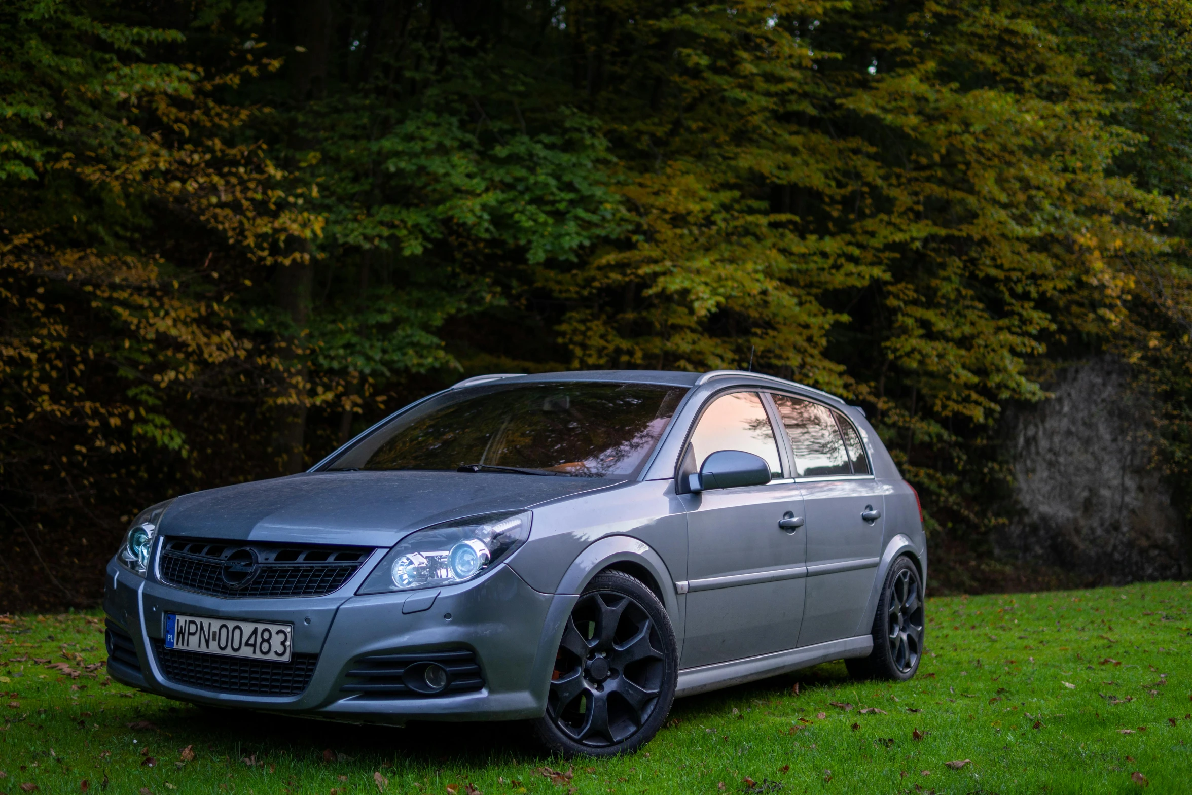 a car parked in front of some trees