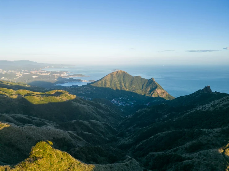 hills surrounded by trees with the ocean in the background