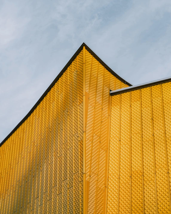 the side of an older looking building made of yellow mesh