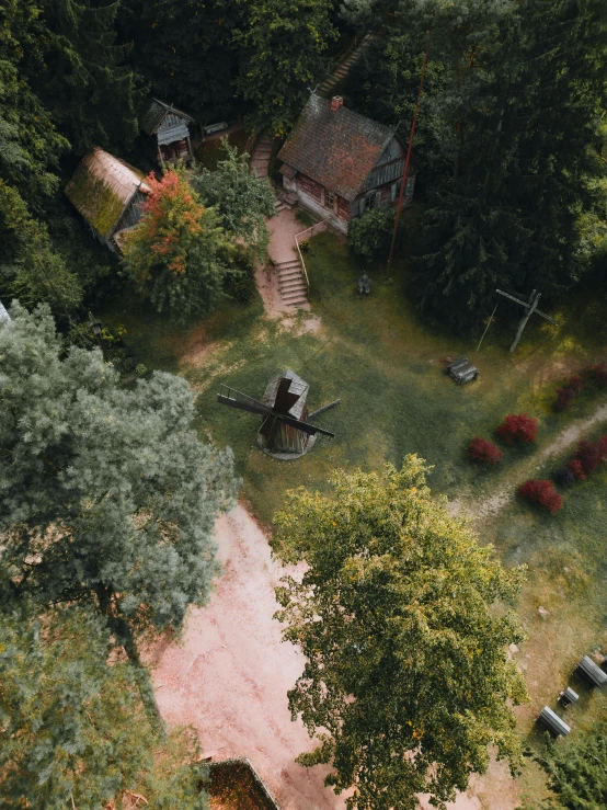 an aerial view of an old fashioned building