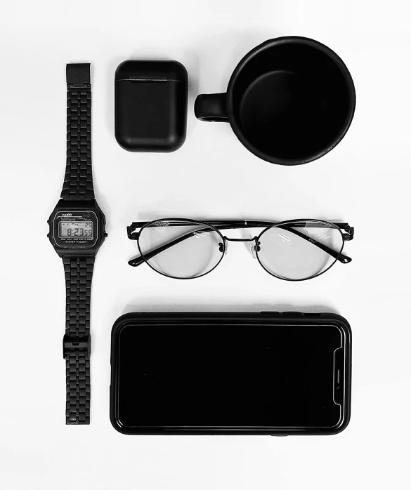 glasses, a watch, an apple case and a smartwatch