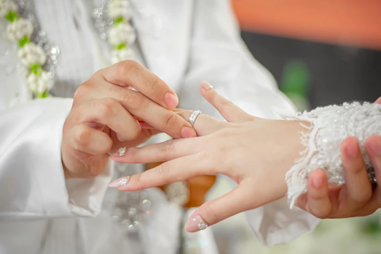 a newly married couple exchanging their wedding rings