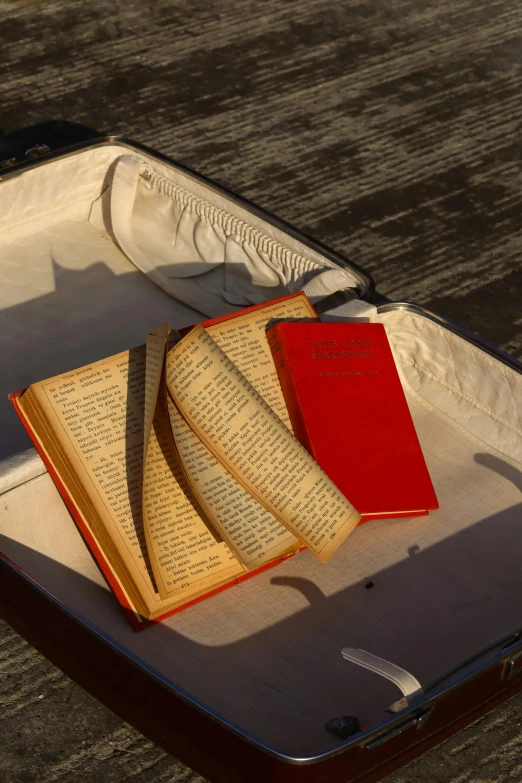 a folded book in an open suitcase