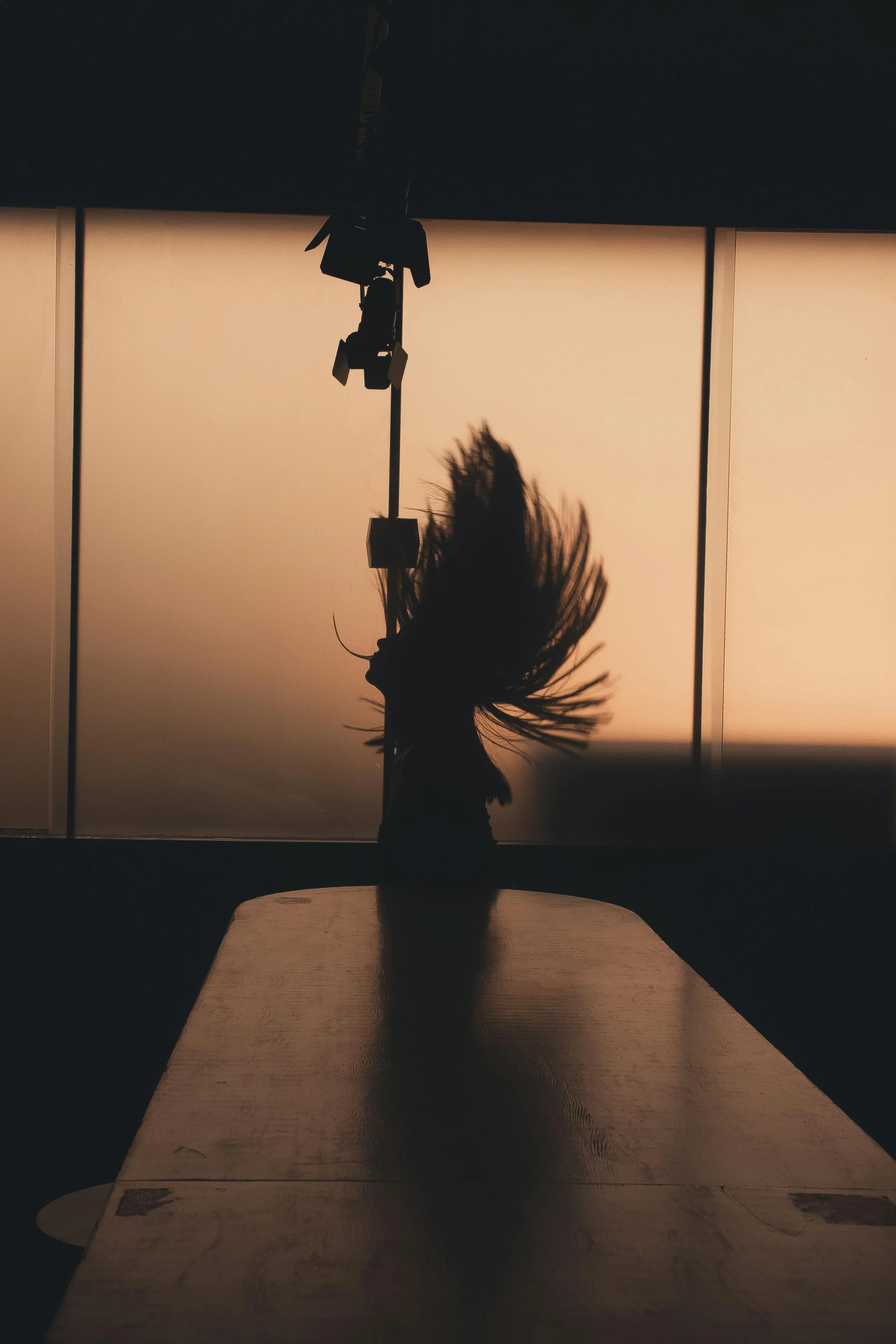 a bird flying near a light pole next to a window