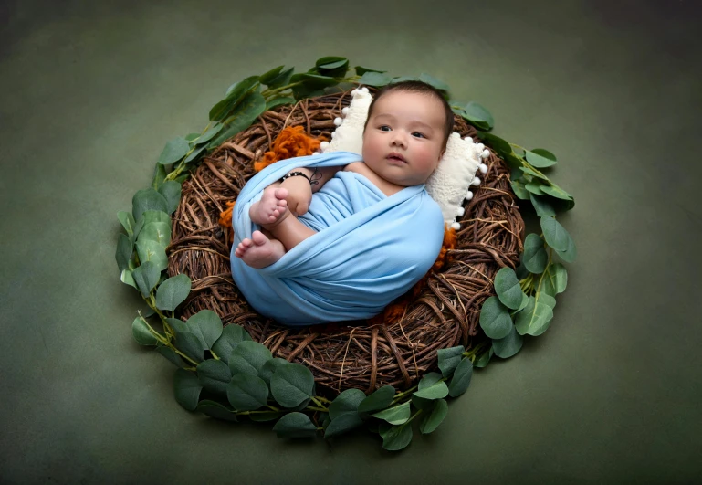 a baby wearing a blue outfit sitting on a nest
