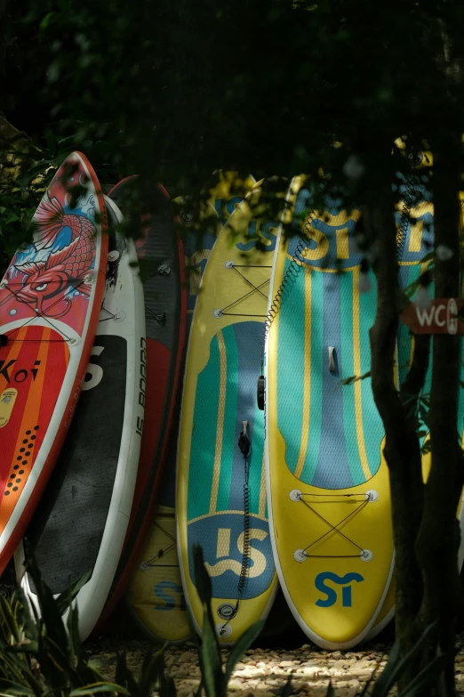 several colorful boats are lined up next to each other