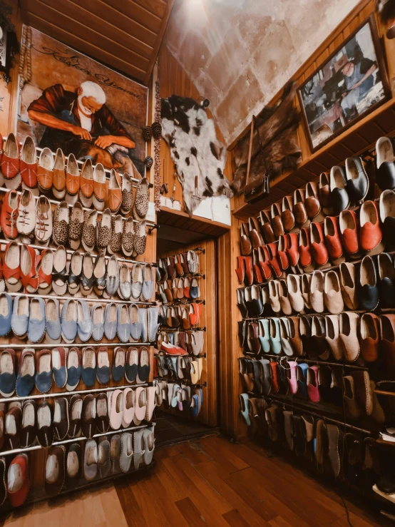 several display cases of different types of shoes in a room