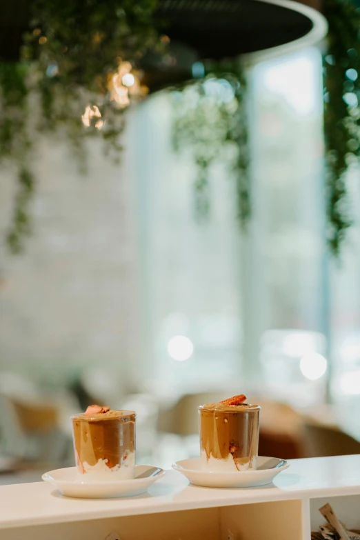 two desserts sit on top of a shelf on display