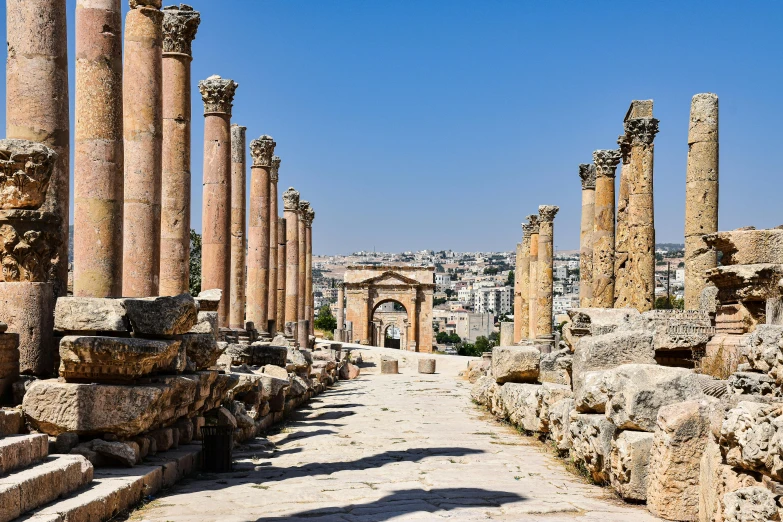 several columns are visible in the ancient ruins