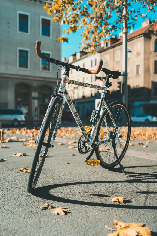 a bike is parked on a city sidewalk