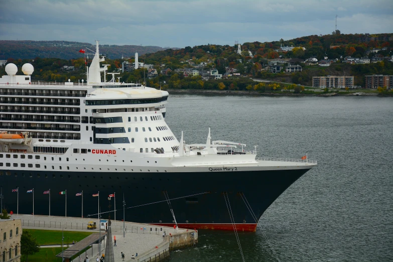 a large cruise ship docked next to a tall body of water